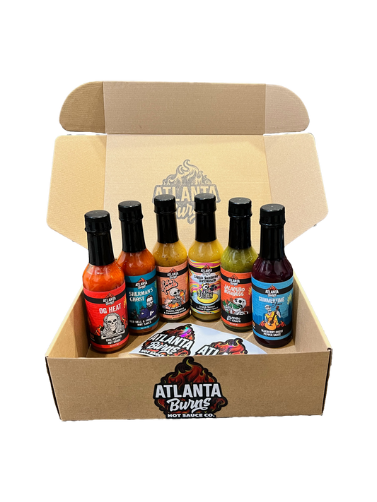 Hot Sauce Combo Pack, Sherman's Ghost, Summertime Blues, Jalapeno Business, OG Heat, Ghost peppers, atlanta burns, hot sauce, combo pack, liquid sunshine daydream, Eat A Peach